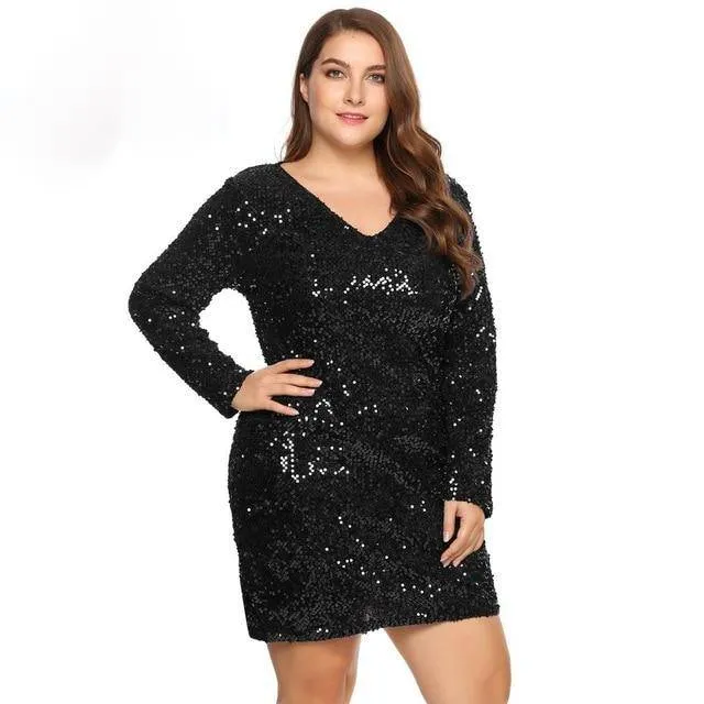 Trendy Sexy Ladies' Long Sleeve V-neck Sequined Bodycon Dress For Cocktail Club