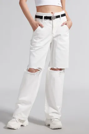 V-Shape Waist Ripped White Jeans