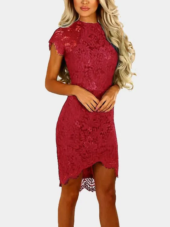 Wholesale Round Neck Short Sleeve Lace Zip Back Irregular Hem Dress