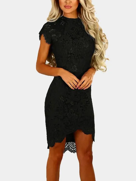 Wholesale Round Neck Short Sleeve Lace Zip Back Irregular Hem Dress