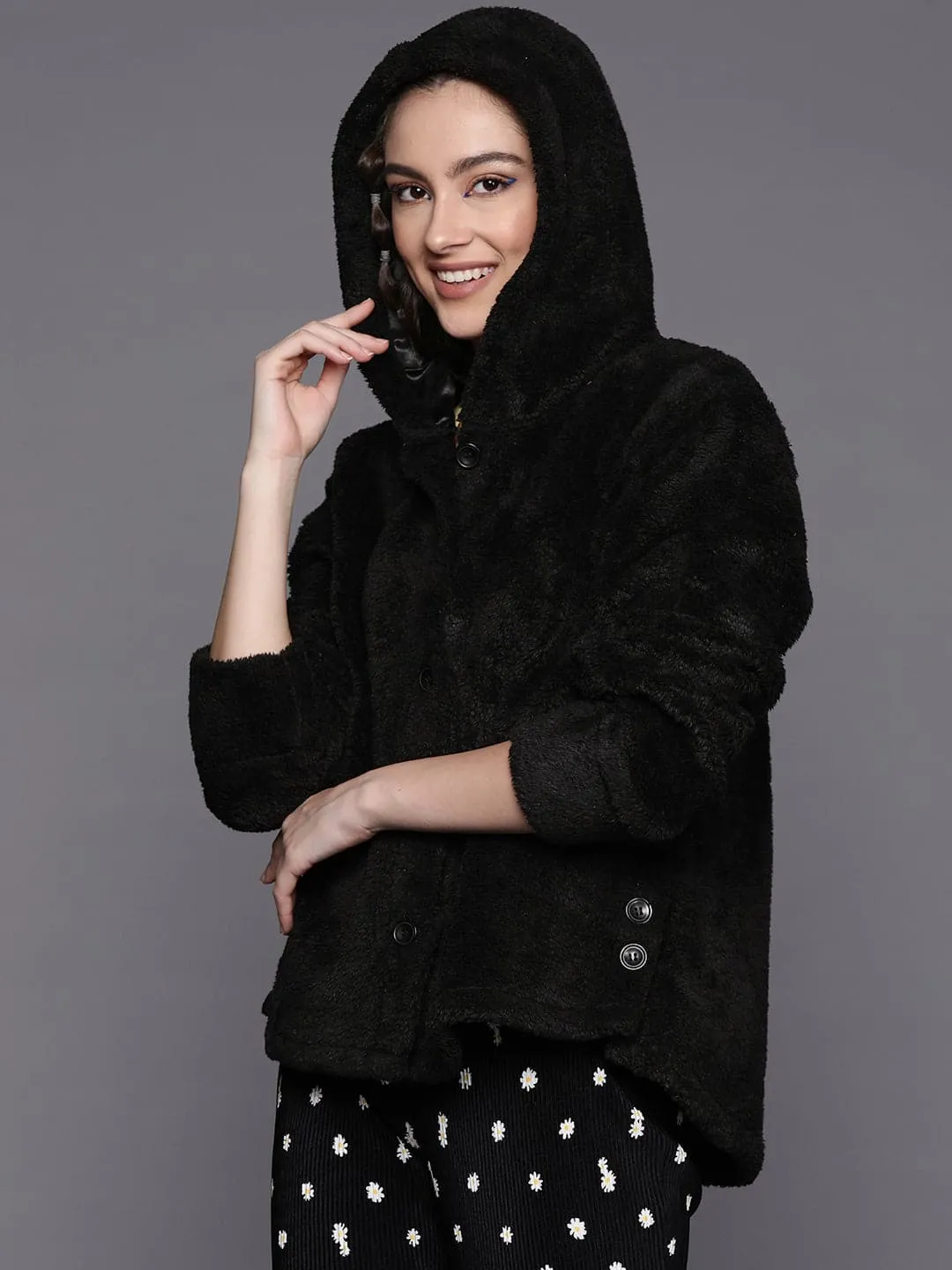 Women Black Faux Fur Front Button Hooded Jacket