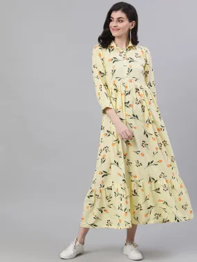 Women Yellow Floral Printed Shirt Collar Cotton A-Line Dress