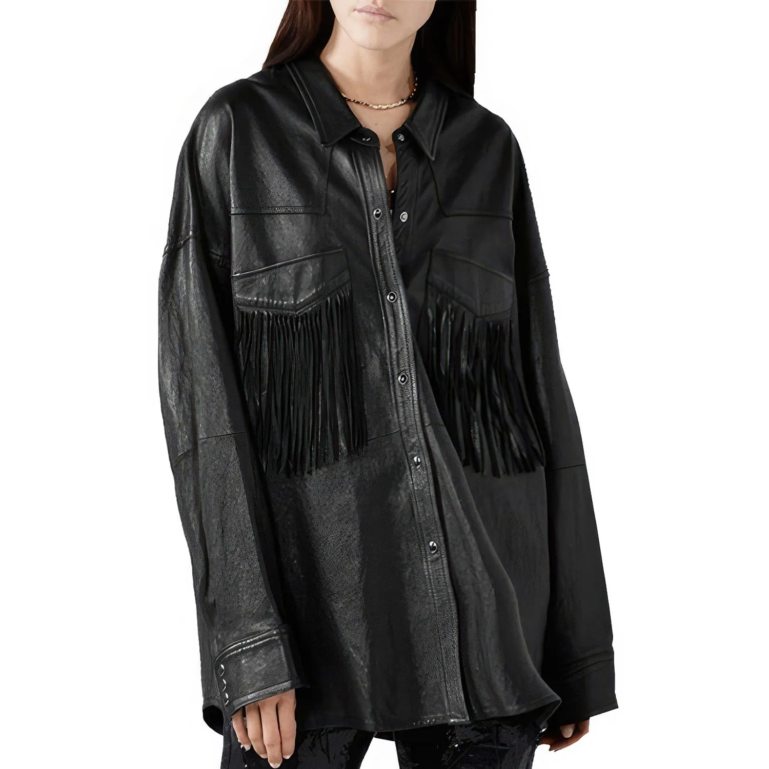 Women’s Black Genuine Sheepskin Pocket Tassels Motorcycle Biker Oversized Biker Racer Loose Fringed Leather Jacket