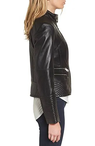 Womens Genuine Cheezy Black Lambskin Leather Jacket Biker Jacket Large