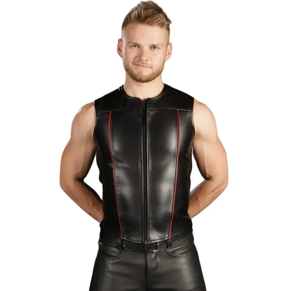 Zip Front Gay Leather Vest With Red Piping