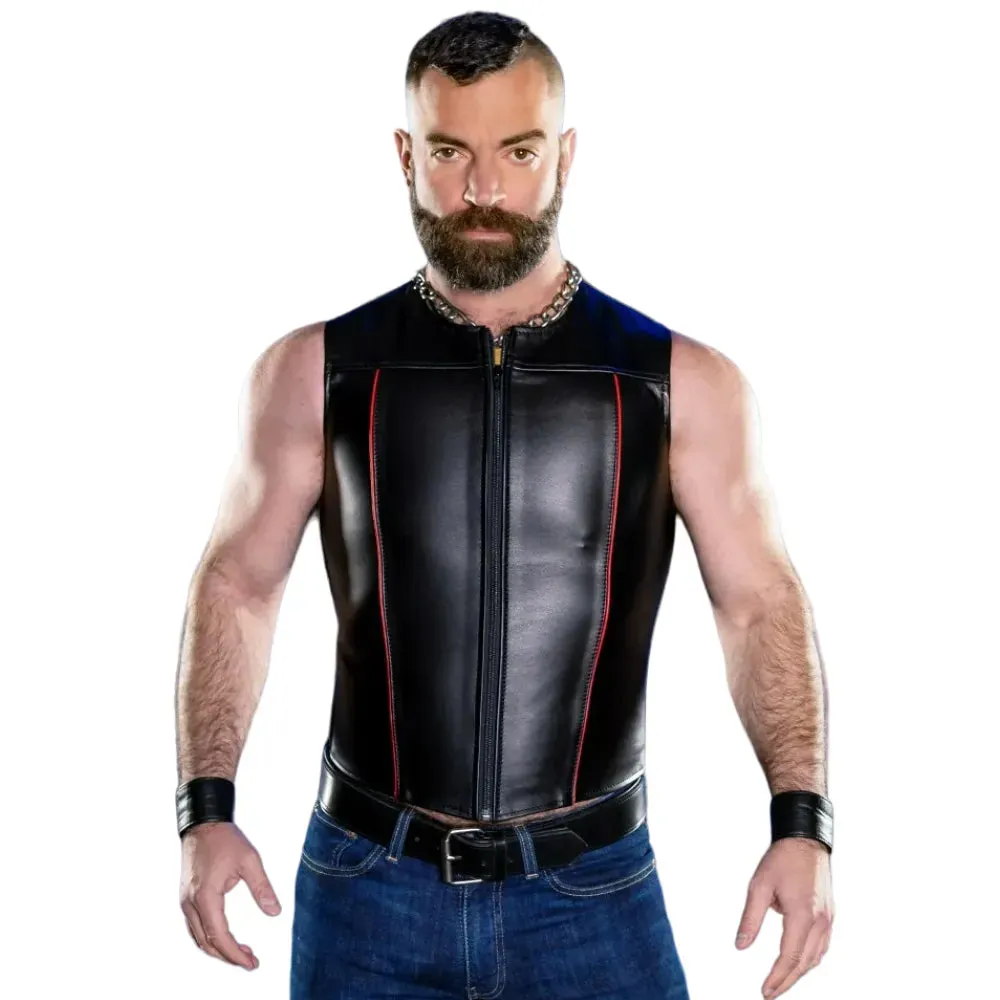 Zip Front Gay Leather Vest With Red Piping