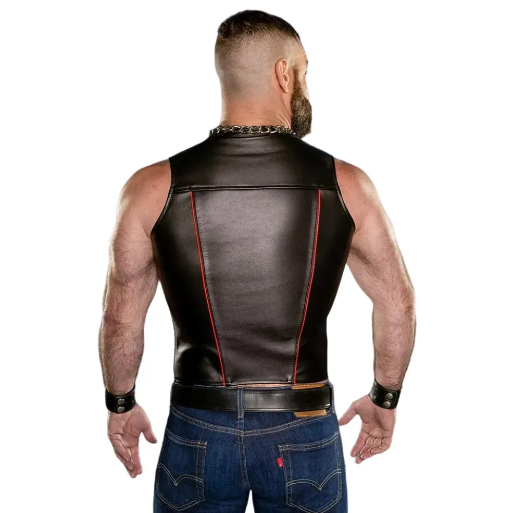 Zip Front Gay Leather Vest With Red Piping