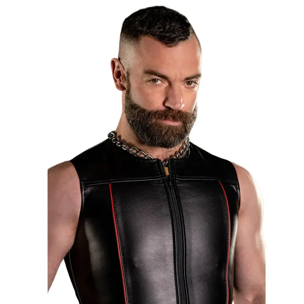 Zip Front Gay Leather Vest With Red Piping